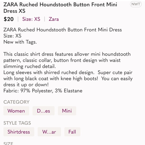 ZARA Ruched Houndstooth Button Front Mini Dress XS - Picture 9 of 9